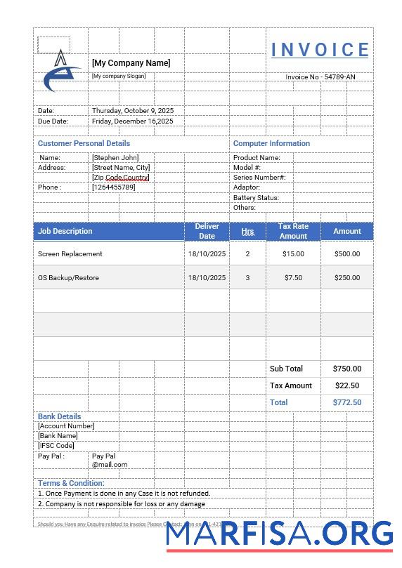 Blank Computer Repair Invoice Template